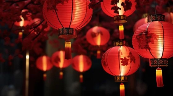 Lit Chinese red lanterns
