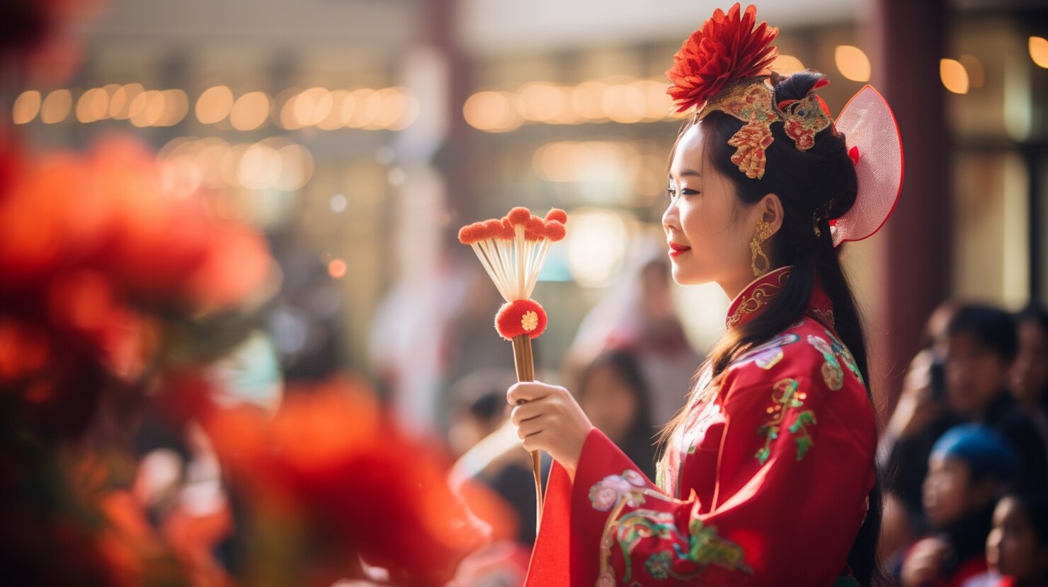 a woman wearing a traditional red Chinese garment.