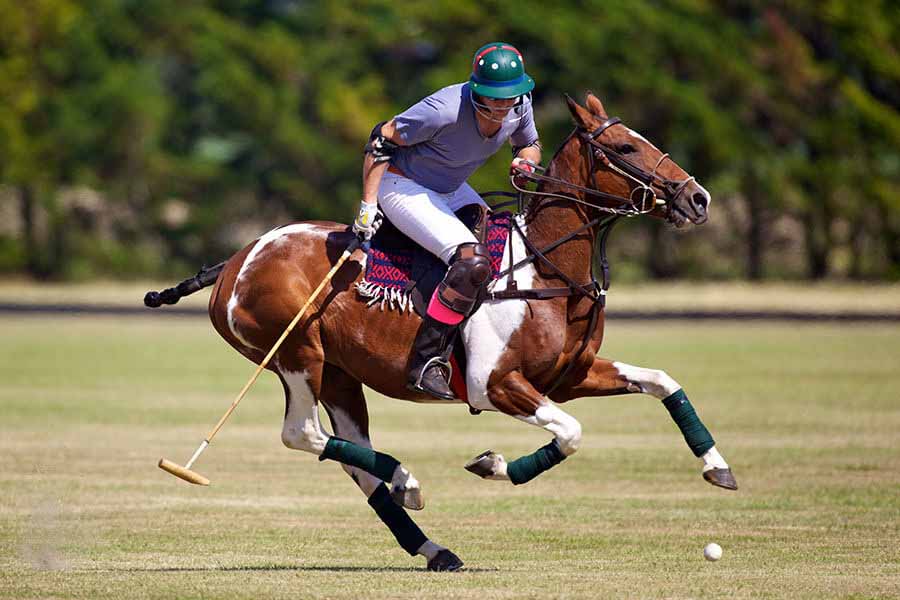 Woman on a horse about to hit the ball