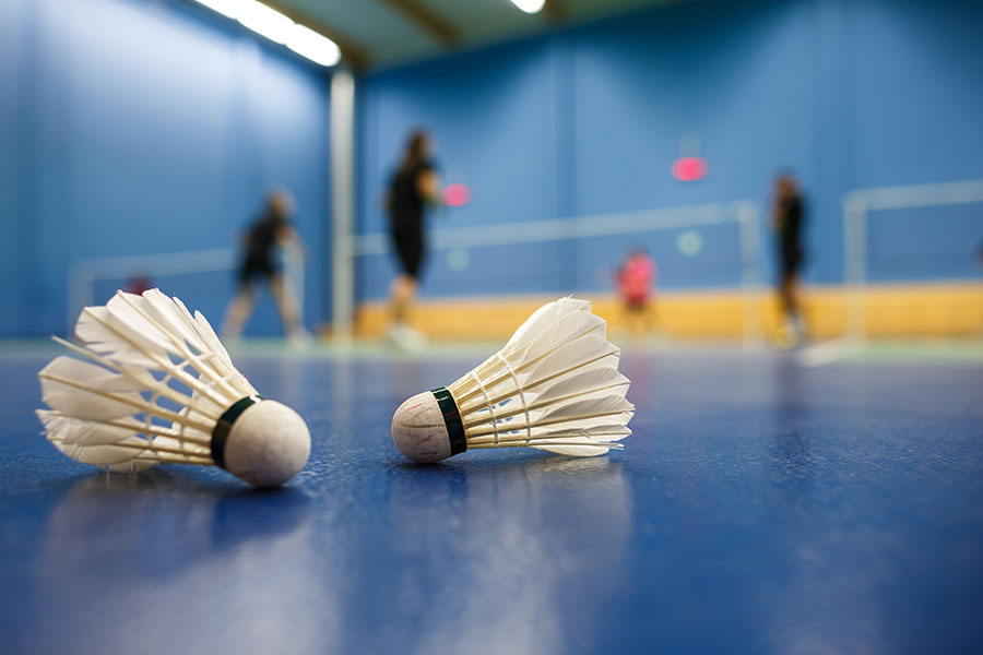 Shuttlecocks sat on a court while