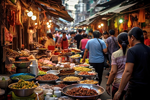 A vibrant market street full of people and balls of golden light. Bowls of delicious looking street food crowding the tables.