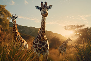 Three giraffes standing in long golden grass while the sun sets in in the clear blue sky behind them.
