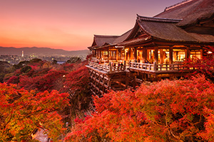 The wooden veranda of Kiyomizu-dera temple lit up at sunset, looking out over hills of orange, green, and red leafed trees.