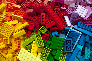 Sky view of the Lego bricks in bright colours