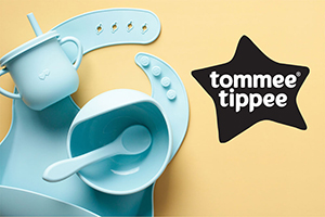 Tommee Tippee logo and products: cup, bowl, and bib