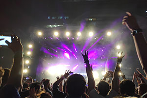 Sunburn Music Festival- View from the crowd at a festival, purple lights shine and hands wave in the air