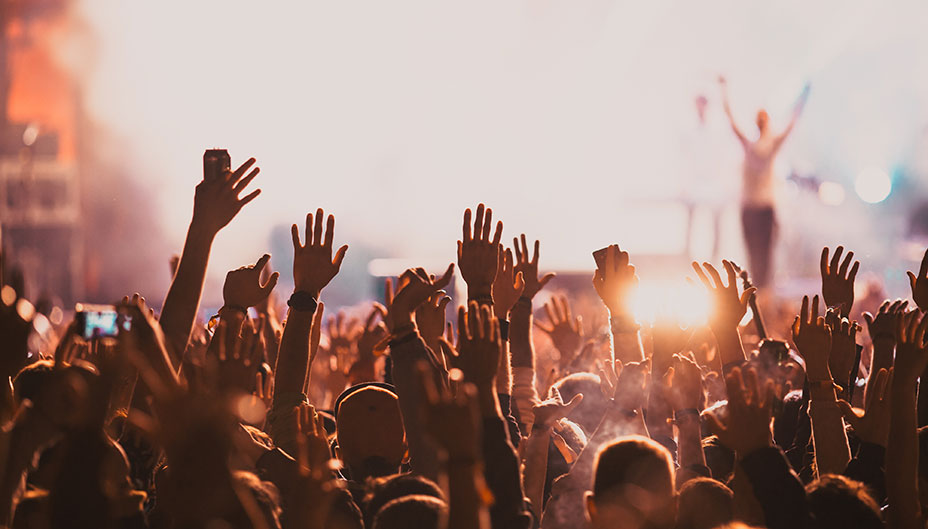 Festival crowd hands in the air enjoying the band.