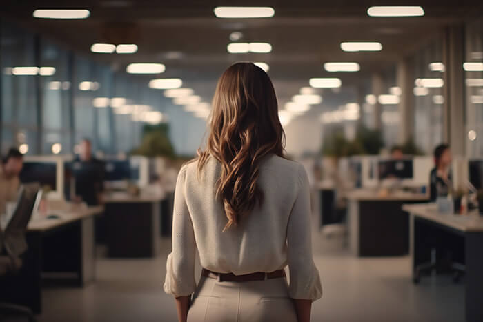 a sepia toned image of a woman in beige from behind looking accross an office.